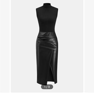 Commense Black Faux Leather Midi Dress